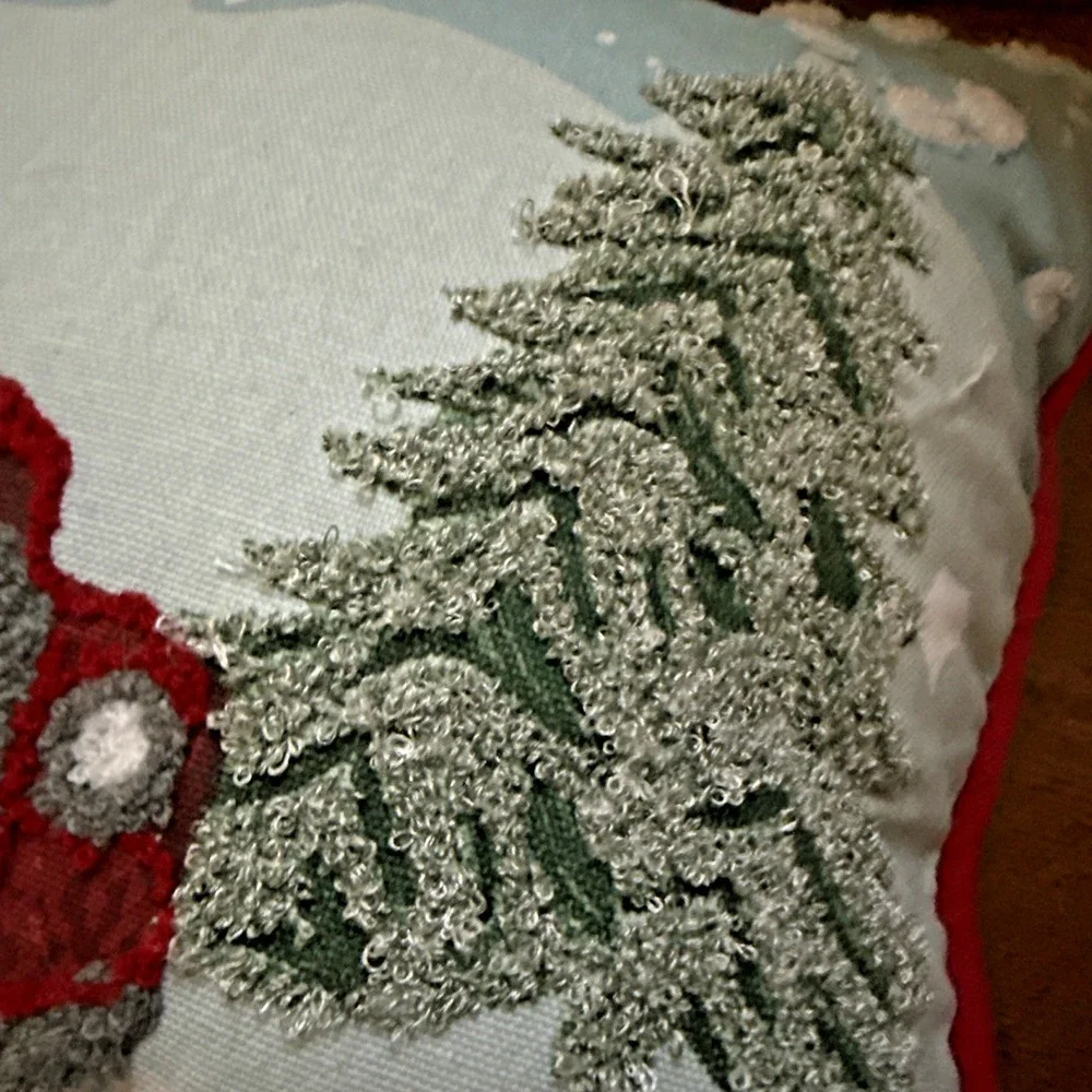 Decorative Pillow Red Truck in Snow‎ with Christmas Tree embroidered